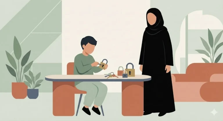 أم وطفلها الصغير يلعبان معاً لعبة البحث عن المفتاح الصحيح