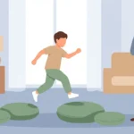 أب يتابع ابنه وهو يلعب لعبة قفز الضفدع ويقفز من وسادة لأخرى