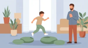 أب يتابع ابنه وهو يلعب لعبة قفز الضفدع ويقفز من وسادة لأخرى