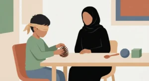 أم تلعب لعبة التخمين باللمس مع طفلها، الطفل معصوب العينين ويحاول التعرف على الصنوبر عن طريق اللمس